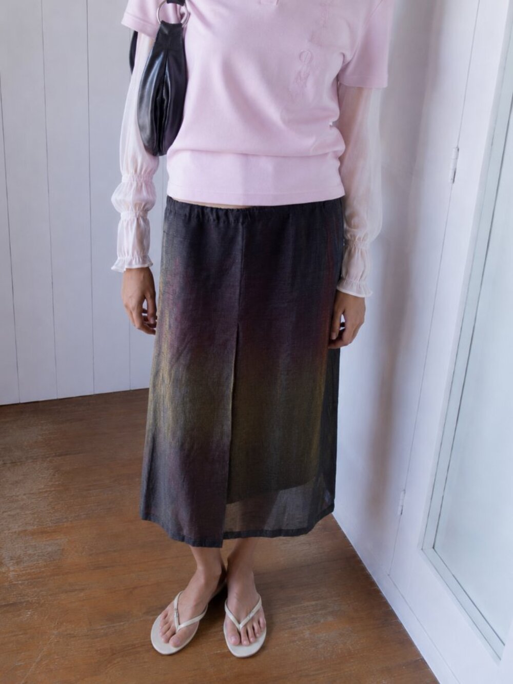 HaaT Issey Miyake Paper Fiber Hemp Iridescent Woven Midi Skirt